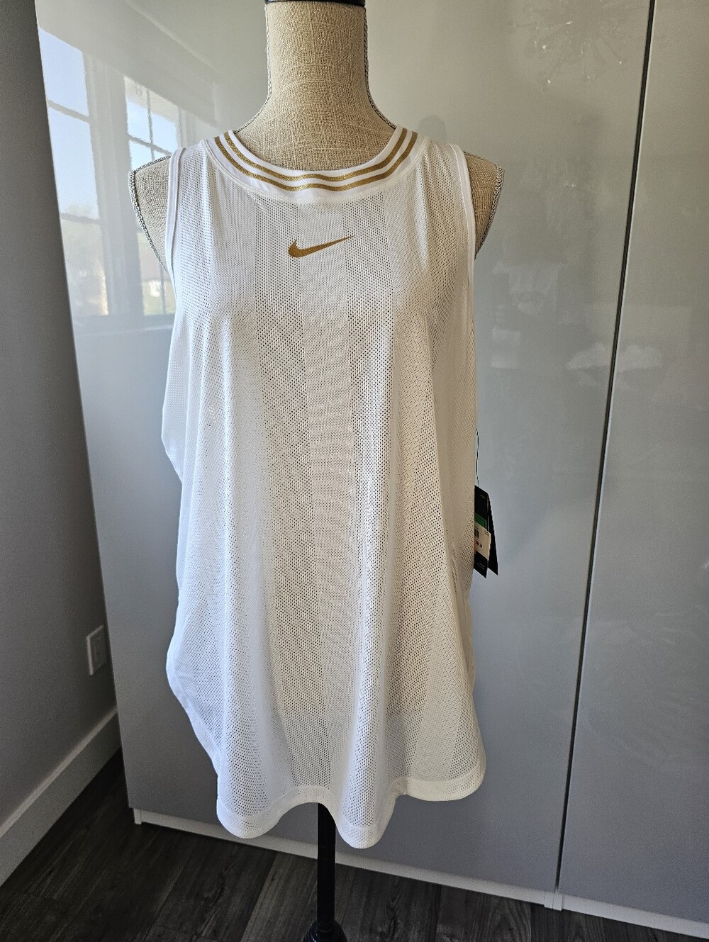 Nike Women’s White Tank with Gold Swoosh & Trim